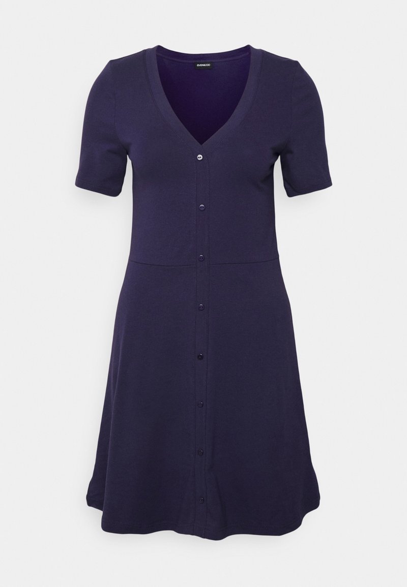 Robe bleu marine à manches courtes avec décolleté en V et fermeture à boutons à l'avant, taille cintrée et jupe évasée jusqu'aux genoux.