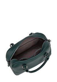 Borsa a mano in pelle verde scuro con superficie strutturata, chiusura con zip, doppio manico e tasche interne per l'organizzazione.
