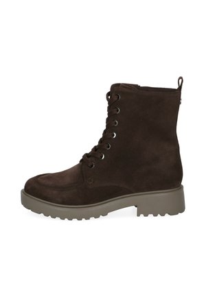 Dark brown suede lace-up ankle boot with pull tab, metal eyelets, and thick light brown treaded sole.