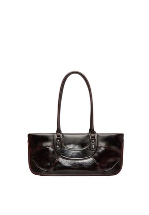 Sac à main en cuir noir brillant avec double poignées et coutures décoratives sur le panneau avant, présenté sur fond blanc.