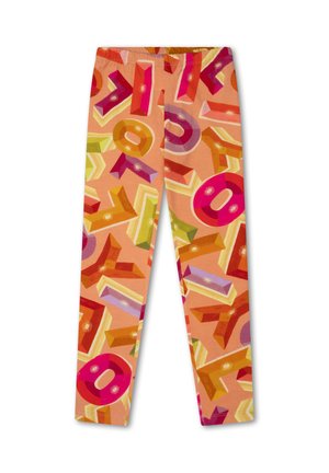 Leggings met een elastische tailleband met een kleurrijk patroon van driedimensionale X- en O-vormen in rood, oranje, roze, groen en paars op perzikkleurige achtergrond.