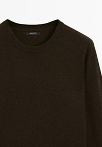 Brązowy sweter wykonany z miękkiego materiału, z okrągłym dekoltem i prążkowanymi krawędziami. Wzór jest prosty, bez wyraźnych wzorów czy akcentów.