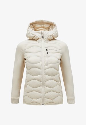 Beige hoodie met een doorgestikte voorkant, gladde mouwen, een ritssluiting aan de voorkant en een borstzak. Zacht materiaal met een subtiele glans.