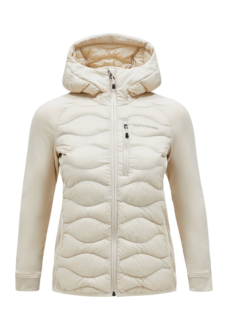 Beige hooded jacket with a quilted front, smooth sleeves, front zipper, and a chest pocket. Soft fabric with a subtle sheen.