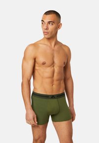 Green boxer briefs made from a soft fabric, featuring a black elastic waistband with a minimalist logo and stitched detailing.