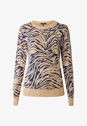 Beige sweater met een marineblauw tijgerstrepenpatroon, ronde halslijn, lange mouwen, zachte brei-structuur en geribde manchetten en onderkant.