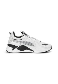 Sneaker bianco con una parte superiore testurizzata con accenti neri, una soletta imbottita e una combinazione di materiali in rete e sintetici.