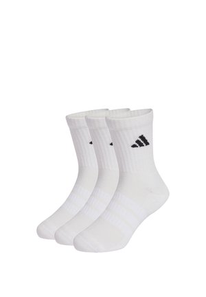 Drei Paar weiße Socken in der Mitte der Wade mit geripptem Muster und einem kleinen schwarzen Logo an der Seite, nebeneinander angeordnet.