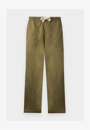 Olive green casual pants with an elastic waistband and white drawstring, featuring large front patch pockets.