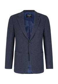 Marineblaues Blazer aus strukturiertem Stoff mit einem Revers, Zwei-Knopf-Verschluss und zwei Vorderentaschen. Futter ist sichtbar.