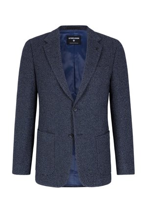 Marineblauwe blazer van gestructureerde stof, met een notched lapel, twee knopen en twee voorzakken. Voering is zichtbaar.