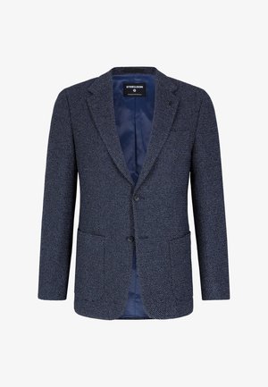 Marineblauwe blazer van gestructureerde stof, met een notched lapel, twee knopen en twee voorzakken. Voering is zichtbaar.
