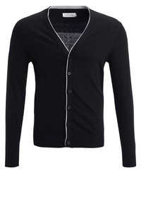 Czarny kardigan z dzianiny, z dekoltem w serek, zapinany na sześć guzików, z kontrastującą białą lamówką wzdłuż krawędzi.