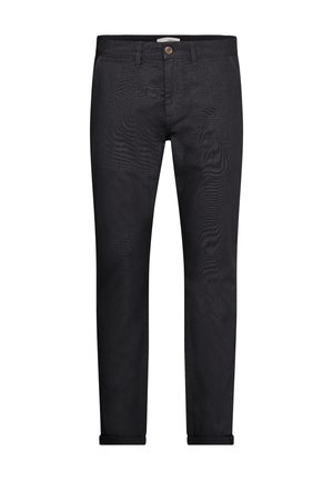Svart denimbukser med slim fit, har en enkelt knappelukking, beltehemper og oppbrettede cuffs. Glatt tekstur med subtile detaljer.