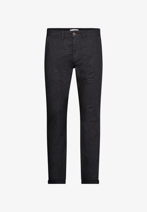 Pantaloni din denim negri cu o croială slim, având închidere cu un singur nasture, bucle pentru curea și manșete răsucite. Textură fină cu detalii subtile.