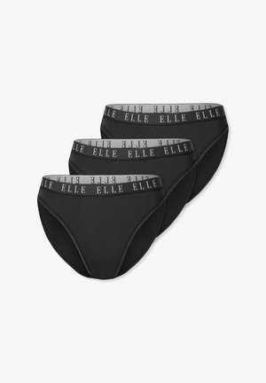 Set di lingerie in cotone nero composto da tre paia. Presenta un elastico grigio con la scritta "ELLE" stampata in nero. Texture liscia, design a copertura totale.