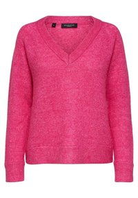 Fuchsia roze v-halstrui met lange mouwen en een ontspannen pasvorm. Het label vermeldt "SELECTED" en maat "M." Zacht, gestructureerd materiaal zichtbaar.