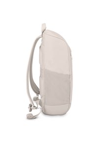Light gray backpack with a sleek, rounded design. Features padded shoulder straps, multiple pockets, and a textured side panel.