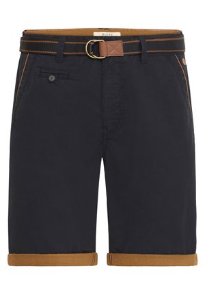 Marineblaue Shorts mit braun umgeschlagenen Bündchen, inklusive Gürtel, aus leichtem Stoff gefertigt. Verfügt über eine knopflappentasche vorne und Lederakzente.