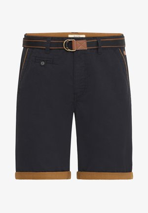 Granatowe szorty z brązowymi podwiniętymi mankietami, w zestawie pasek, wykonane z lekkiego materiału. Posiadają zapinaną na guzik przednią kieszeń oraz skórzane akcenty.