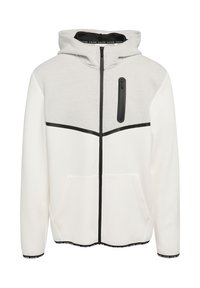 Witte hoodie met een gestructureerde grijze bovenkant, zwarte accenten, een voorkant met rits, twee zijzakken en een met rits afsluitbare borstzak.