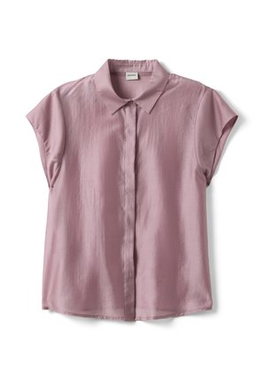 Blusa lilla a manica corta con bottoni, colletto classico, tessuto liscio e chiusura frontale con pattina nascosta.