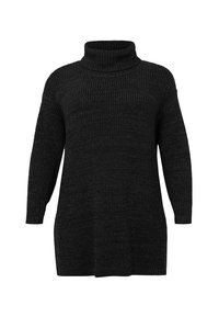 Schwarzes langärmliges, gestricktes Rollkragenkleid mit gerippter Textur und lockerer Passform.