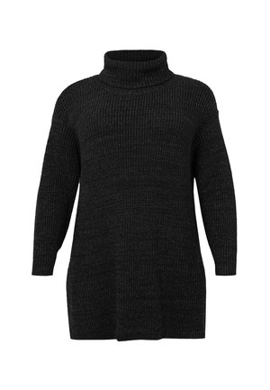 Zwarte gebreide turtleneck jurk met lange mouwen, ribbelstructuur en een relaxte pasvorm.