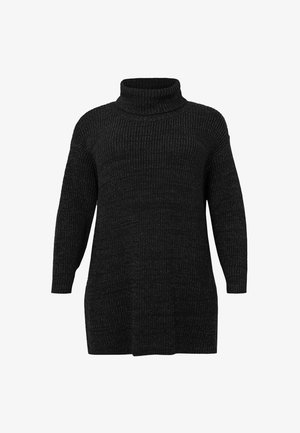 Sort strikket turtleneck kjole med lange ærmer, rillede teksturer og afslappet pasform.