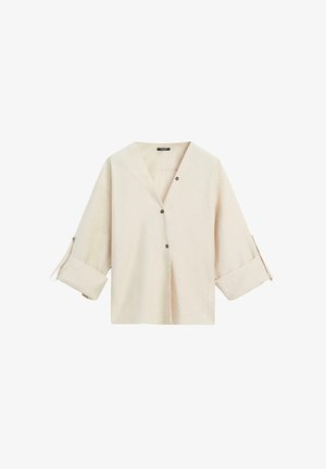 Helles Beige, lockeres Hemd mit V-Ausschnitt, hochgekrempelten Ärmeln und dunklen Knöpfen. Strukturierter Stoff sorgt für ein lässiges, atmungsaktives Erscheinungsbild.