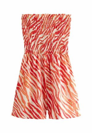 Strapless romper with smocked bodice and wide leg shorts in red, orange, and white zebra print pattern.