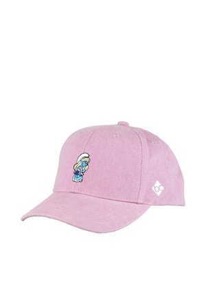 Light pink baseball cap with an embroidered Smurfette character on the front and a small white logo on the side.