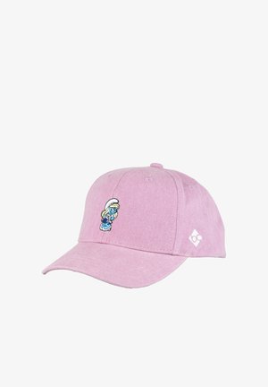 Hellrosa Baseballkappe mit einer auf der Vorderseite gestickten Figur der Schlumpfine und einem kleinen weißen Logo an der Seite.