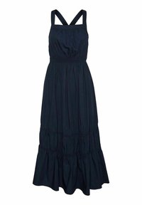 Marinblå maxiklänning i lätt tyg, med breda band, smockad midja och ett flerdelat, volangdetaljerat avslut.
