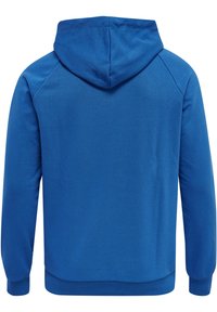 Sweatshirt à capuche de couleur bleue unie, avec des manches longues et une coupe décontractée. Texture douce et lisse avec des poignets et un ourlet côtelés.