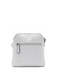 Small silver textured leather crossbody bag with front zipper pocket and black-trimmed zipper pull tab.