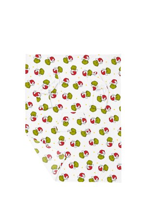 White fabric with repeated pattern of the Grinch wearing a red Santa hat and small yellow stars scattered around.