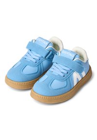 Light blue sneakers with suede and synthetic materials, featuring a Velcro strap, white accents, and a textured gum rubber sole.