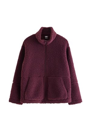 Sherpa fleecejakke i blommefarve med fuld lynlås foran, høj krave, lange ærmer og to forlommer.