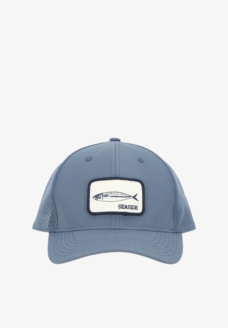 Blue baseball cap with a mesh back, featuring a white patch depicting a fish and the word "SEASIDE" in navy blue lettering.