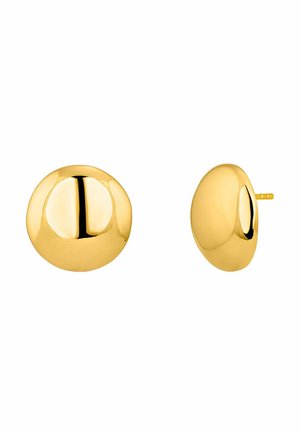 Pendientes de aro de oro, forma redonda, superficie lisa, acabado reflectante, con cierre a presión, diseño minimalista, sin patrones o acentos adicionales.