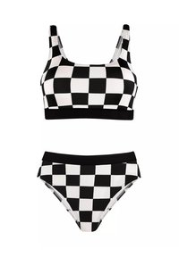 Czarny i biały kostium bikini w kratkę charakteryzuje się bluzką z dekoltem w serek oraz wysokimi majtkami z elastycznym wykończeniem, wykonanymi z elastycznego materiału.