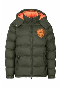 Tmavě zelená péřová bunda s předním zipem, oranžovým podšívkou kapuce, manžetami na patentky, bočními kapsami na zip a oranžovým emblémem Italia na hrudi.