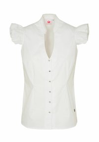 Weiße Bluse mit kurzen Puffärmeln, tiefem V-Ausschnitt, Knopfleiste mit metallischen Knöpfen und dekorativer Stickerei am Kragen.