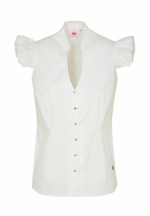 Weiße Bluse mit kurzen Puffärmeln, tiefem V-Ausschnitt, Knopfleiste mit metallischen Knöpfen und dekorativer Stickerei am Kragen.
