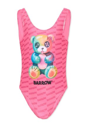 Różowy jednoczęściowy strój kąpielowy z kolorowym rysunkowym misiem trzymającym serce oraz powtarzającym się wzorem tekstu "BARROW".