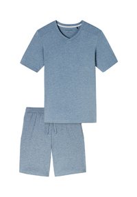 Hellblaues Baumwollset, bestehend aus einem kurzärmligen V-Ausschnitt-T-Shirt und passenden Shorts mit elastischem Bund und Kordelzug. Weicher, strukturierter Stoff.