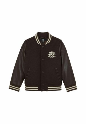 Brun varsity-jakke i uldblanding med mørke læderærmer, stribede ribstrikkede manchetter og en cremefarvet broderet logo på venstre bryst.