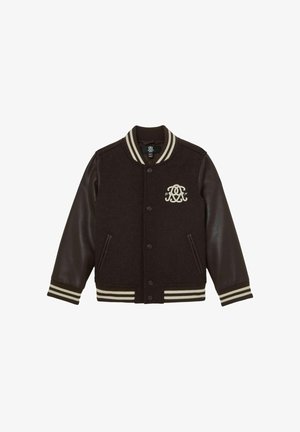 Giubbotto varsity marrone in misto lana con maniche in pelle scura, polsini a coste a righe e logo ricamato crema sul petto sinistro.