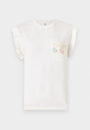 T-shirt en coton blanc avec des manches courtes à volants, doté d'une poche plaquée décorée de pompons aux couleurs pastel et d'une bordure tissée.